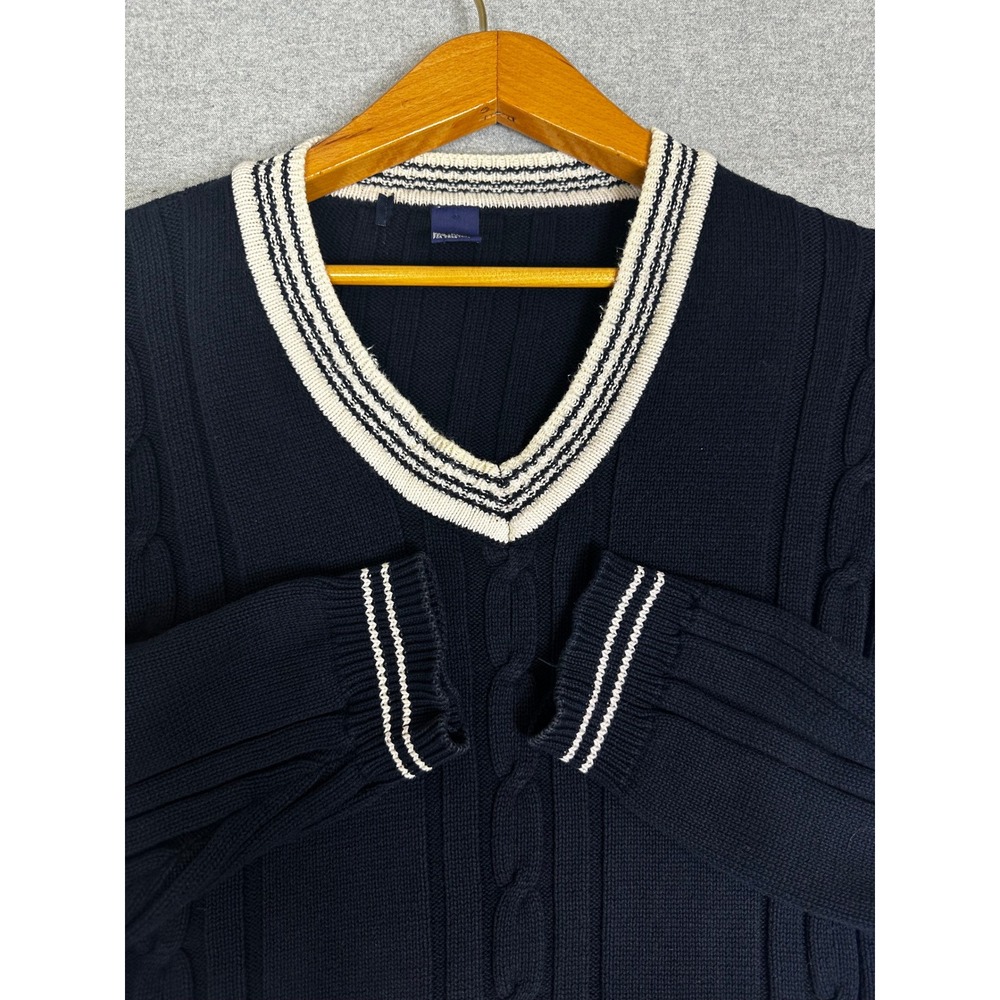VTG V-Neck Tennis Sweater Sweater XL Navy Blue Cable Knit Striped Trim Golf Prep